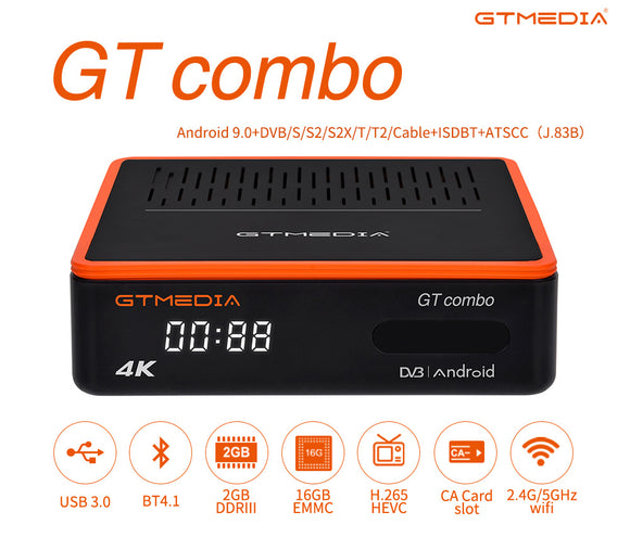 GTMEDIA 10Bit Satellite Receiver, GT Combo Android 9.0 TV BOX 2GB RAM 16GB ROM Quad Core 3D 4K Ultra 4K Dual WiFi 2.4/5 GHz Smart TV BOX DVB-S2X/T2/C
